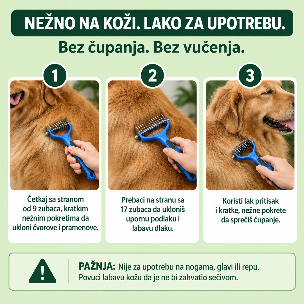2-u-1 četka za pse i mačke — za čvorove, podlaku i višak dlake