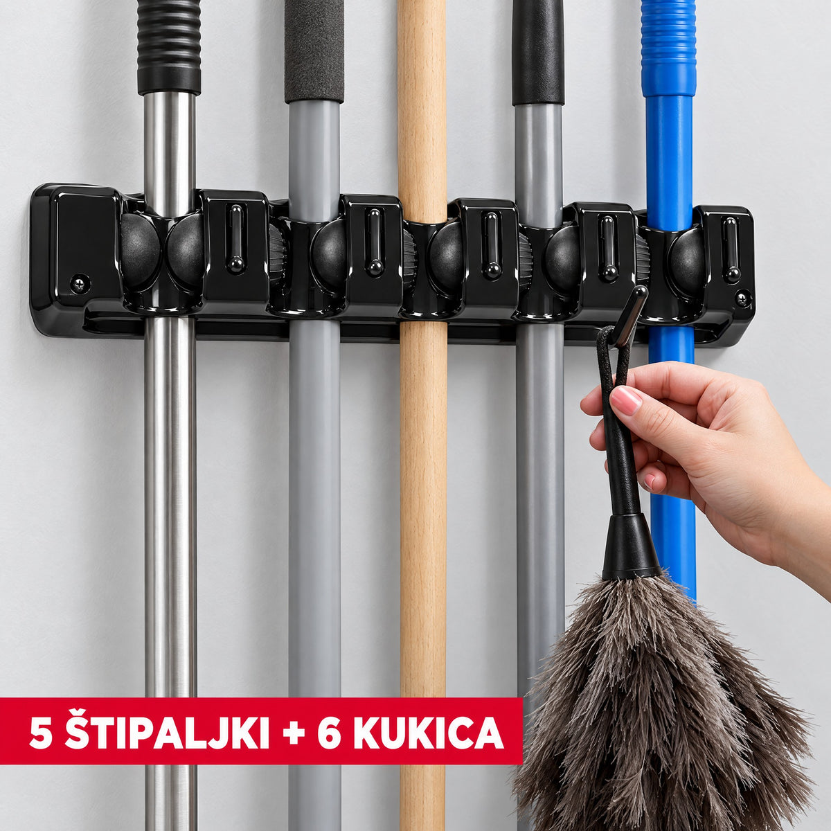 Zidni držač za metle i džogere sa 5 štipaljki i 6 kukica