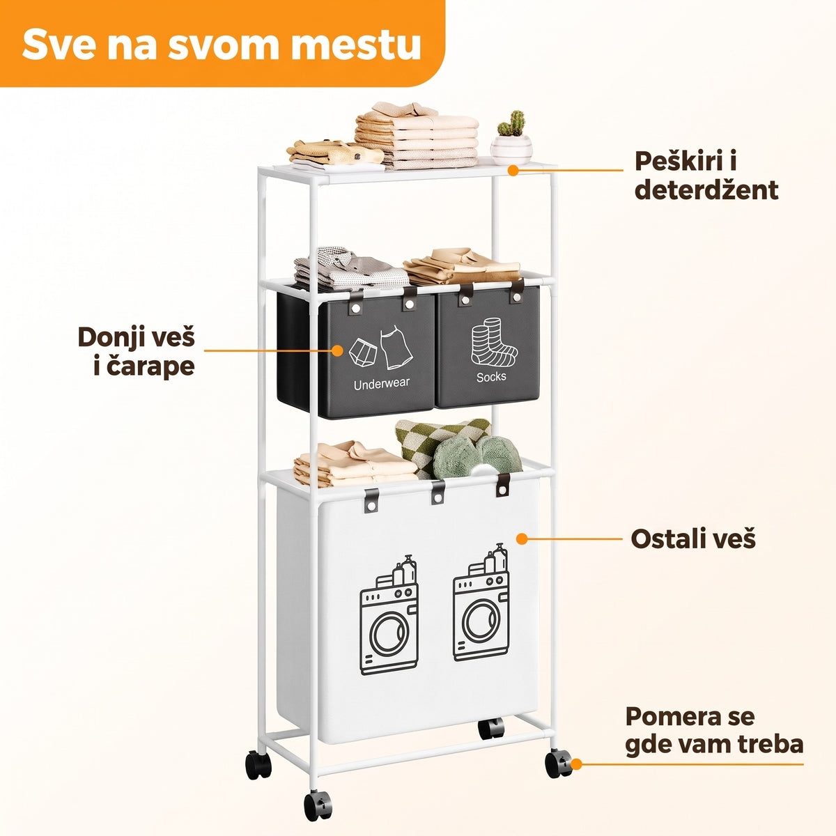 Polica za veš sa točkićima i 3 vreće